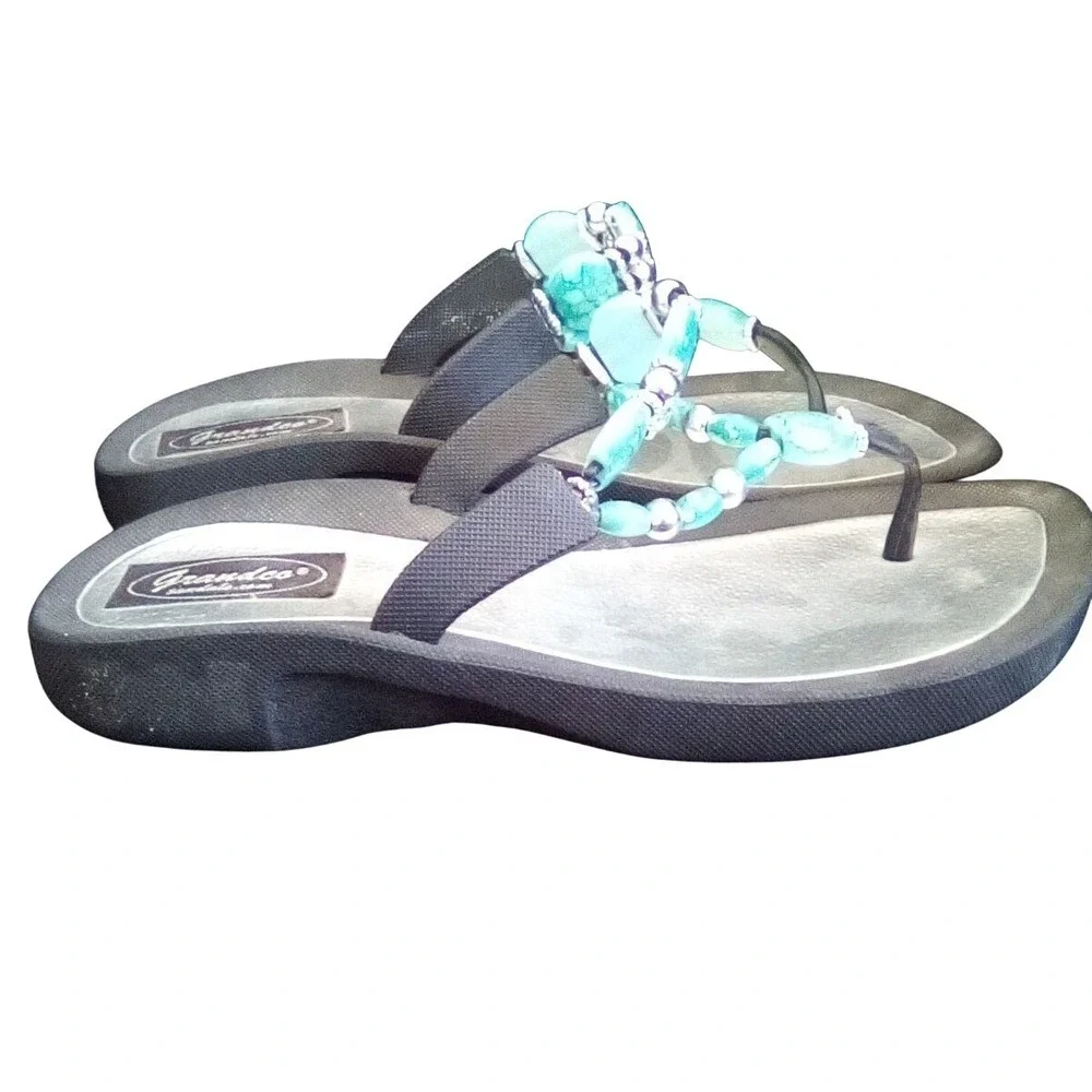 Grandco Womens Beaded F Flop Sandals Turquoise Silver Black HY-0969 Size 7